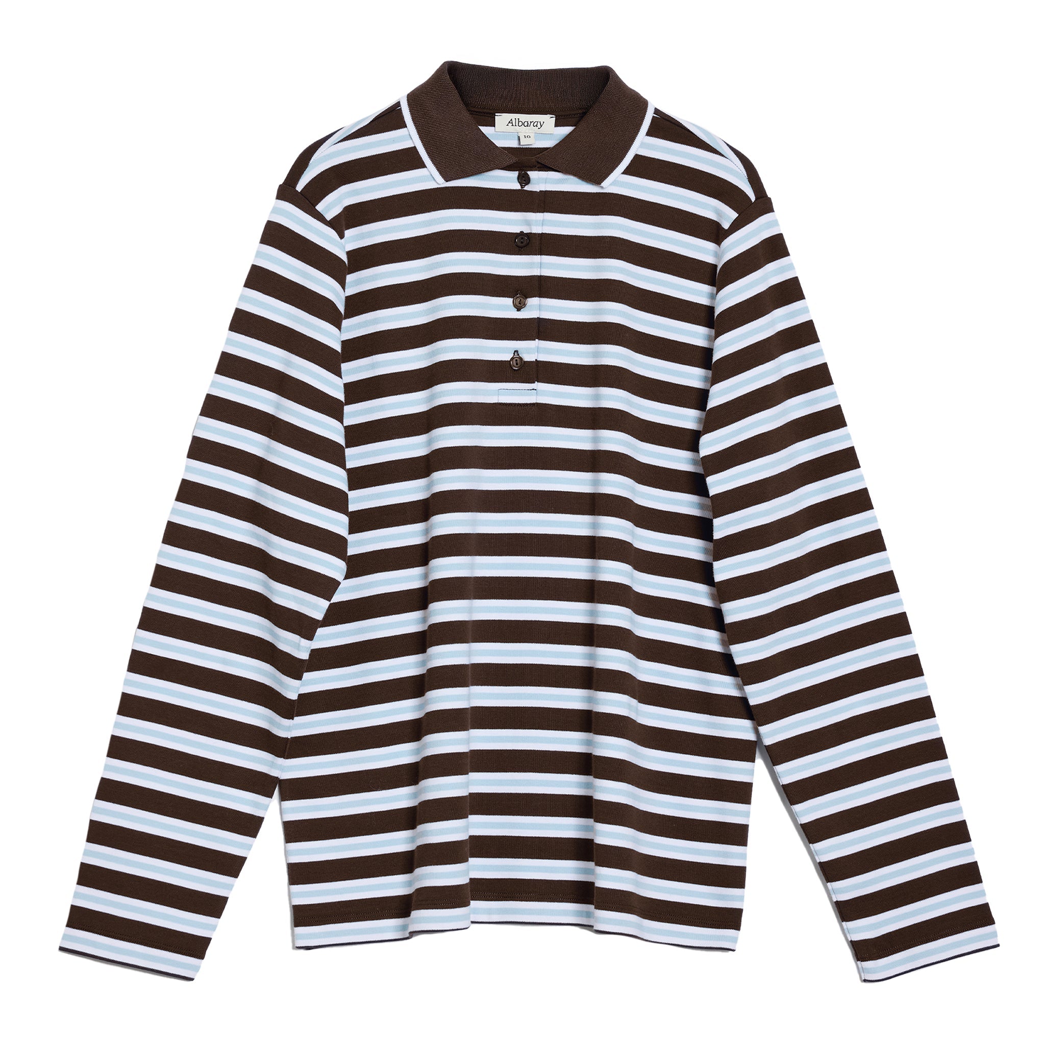 Close-up of sustainable knitwear long sleeve polo top with chocolate stripes and classic collar detail.