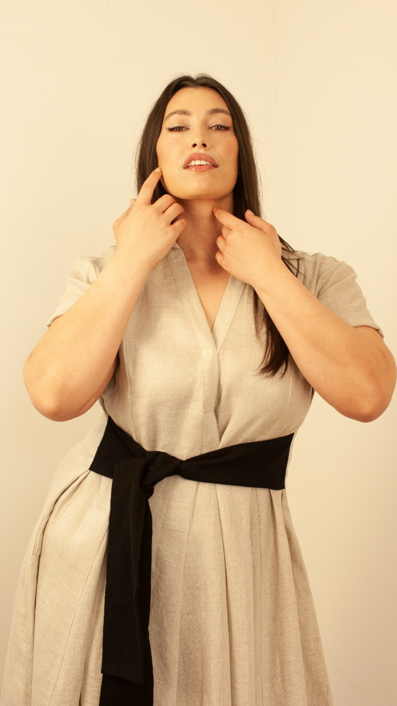 Aja's Linen Dress with Belt in Beige/Black by Lora Gene