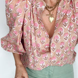 Penny Tie Neck Cotton Shirt in Pink Floral