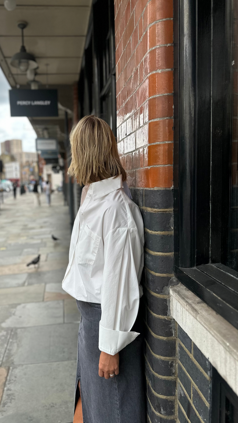 Jocelyn Oversized Barrel Sleeve Shirt in White by Aligne