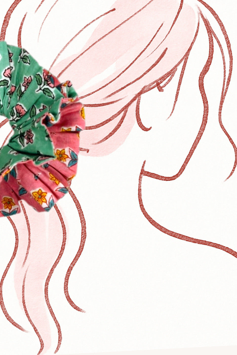 Soft oversized scrunchie in green with a delicate floral print, perfect for casual wear.