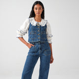 Phoebe Blouse in Ecru and Indigo Trim - seventy + mochi