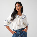 Phoebe Blouse in Ecru and Indigo Trim - seventy + mochi