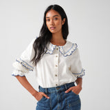 Phoebe Blouse in Ecru and Indigo Trim - seventy + mochi