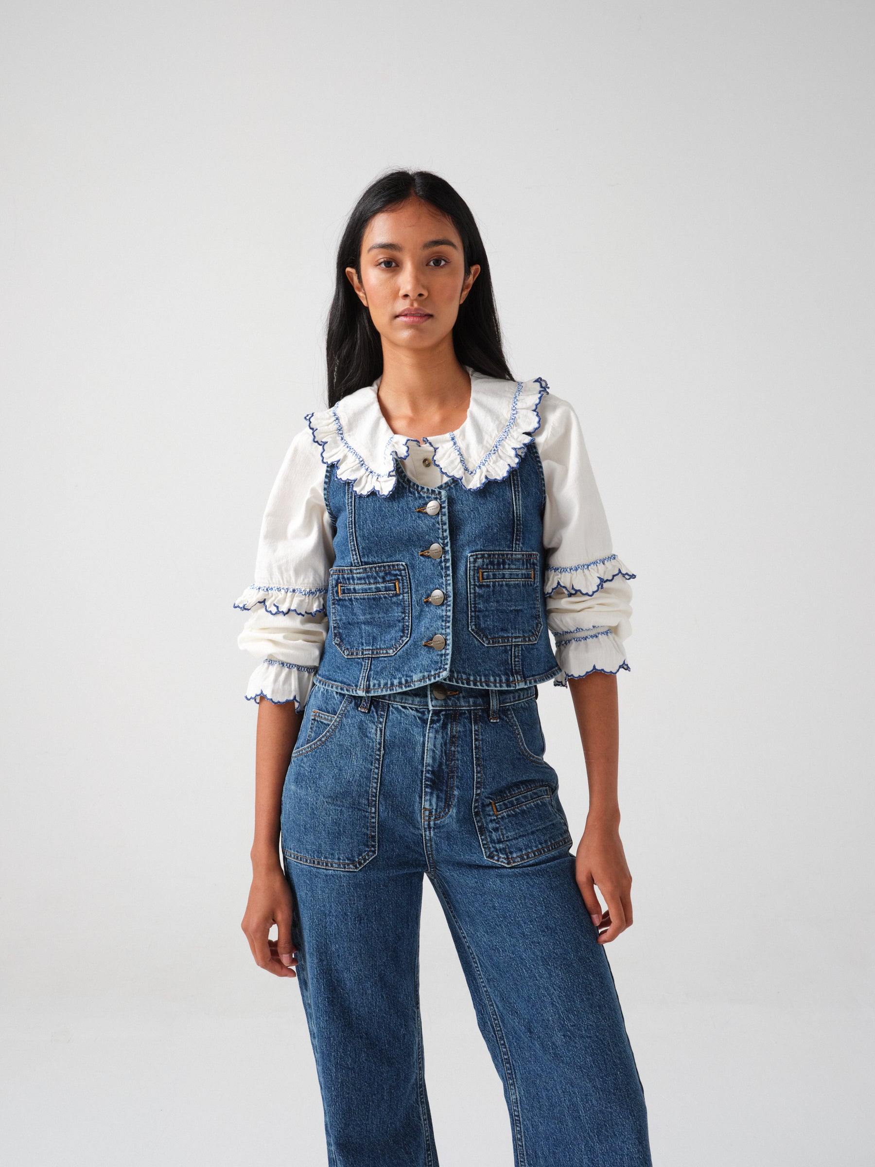 Phoebe Blouse in Ecru and Indigo Trim - seventy + mochi