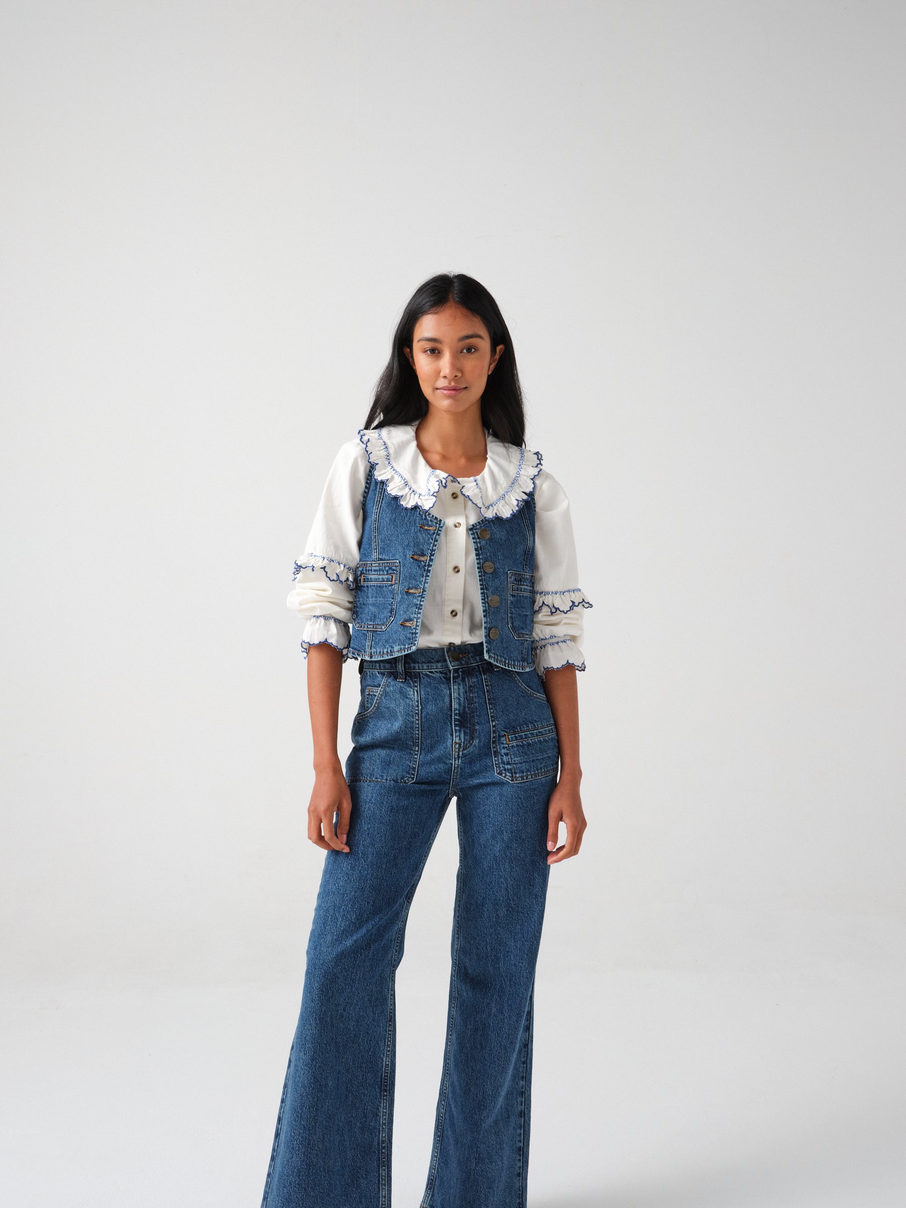 Phoebe Blouse in Ecru and Indigo Trim - seventy + mochi