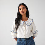 Phoebe Blouse in Ecru and Indigo Trim - seventy + mochi