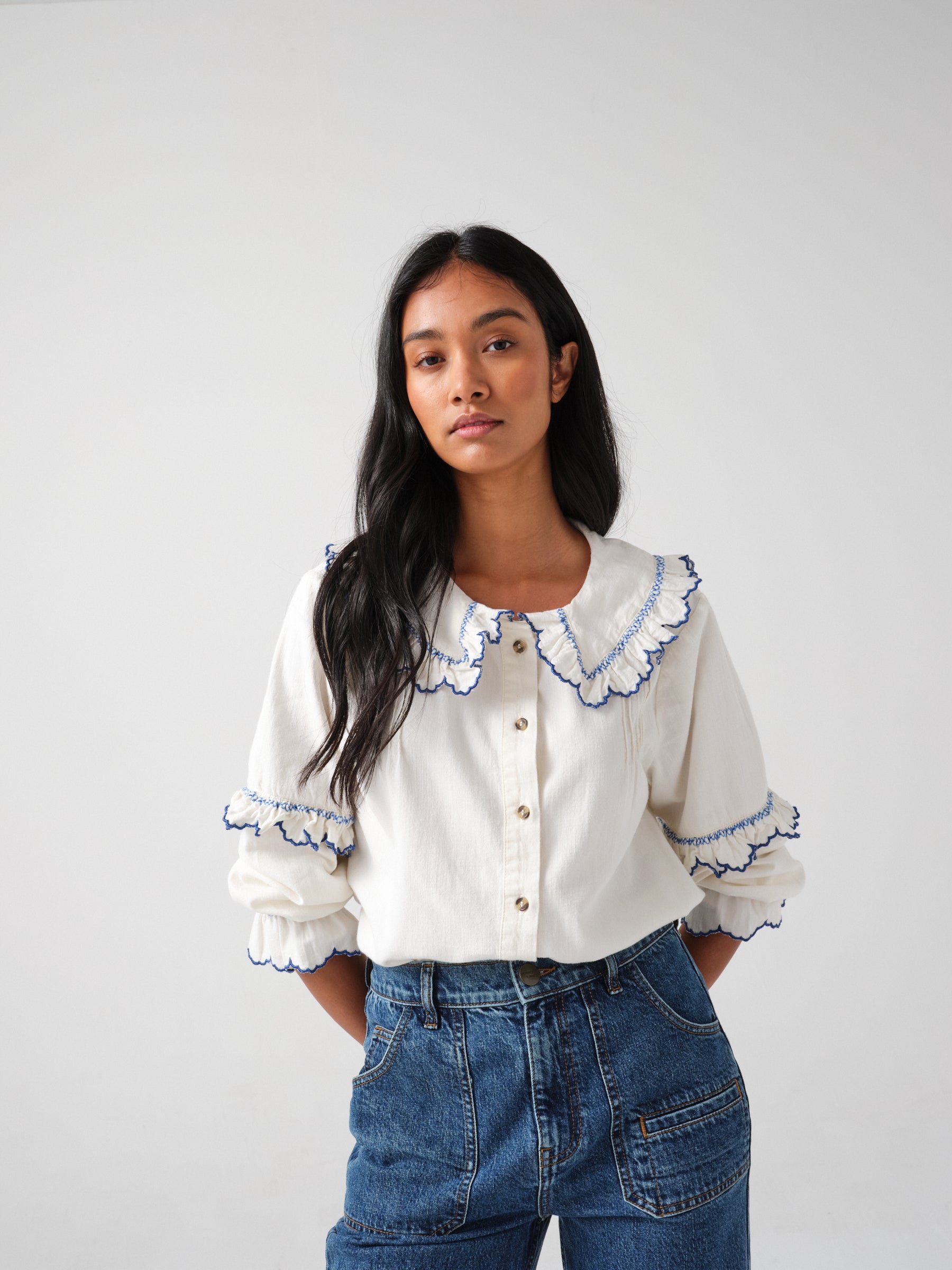 Phoebe Blouse in Ecru and Indigo Trim - seventy + mochi