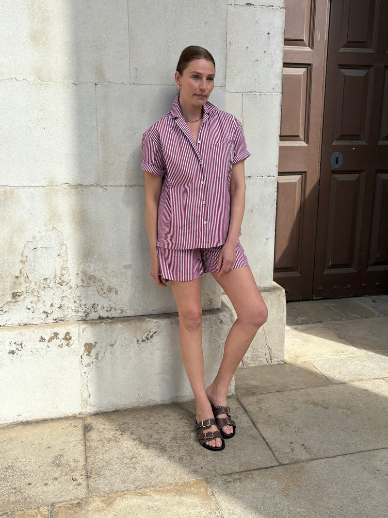 Bessie A-Line Short in Berry Red Stripe Cotton by Saywood