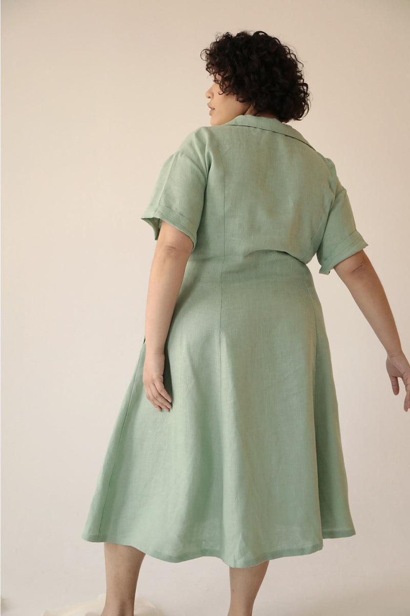 Aja's Linen long Dress with Belt in Mint Green/Black by Lora Gene