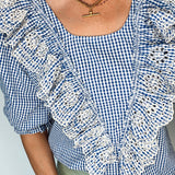 Peggy Broderie Frill Cotton Top in Blue Gingham