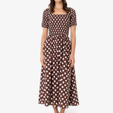 Matilda Cotton Midi Dress in Brown Polka Dot