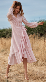 Annie Wrap Dress In Fine Pink Stripe by Spirit & Grace