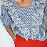 Peggy Broderie Frill Cotton Top in Blue Gingham