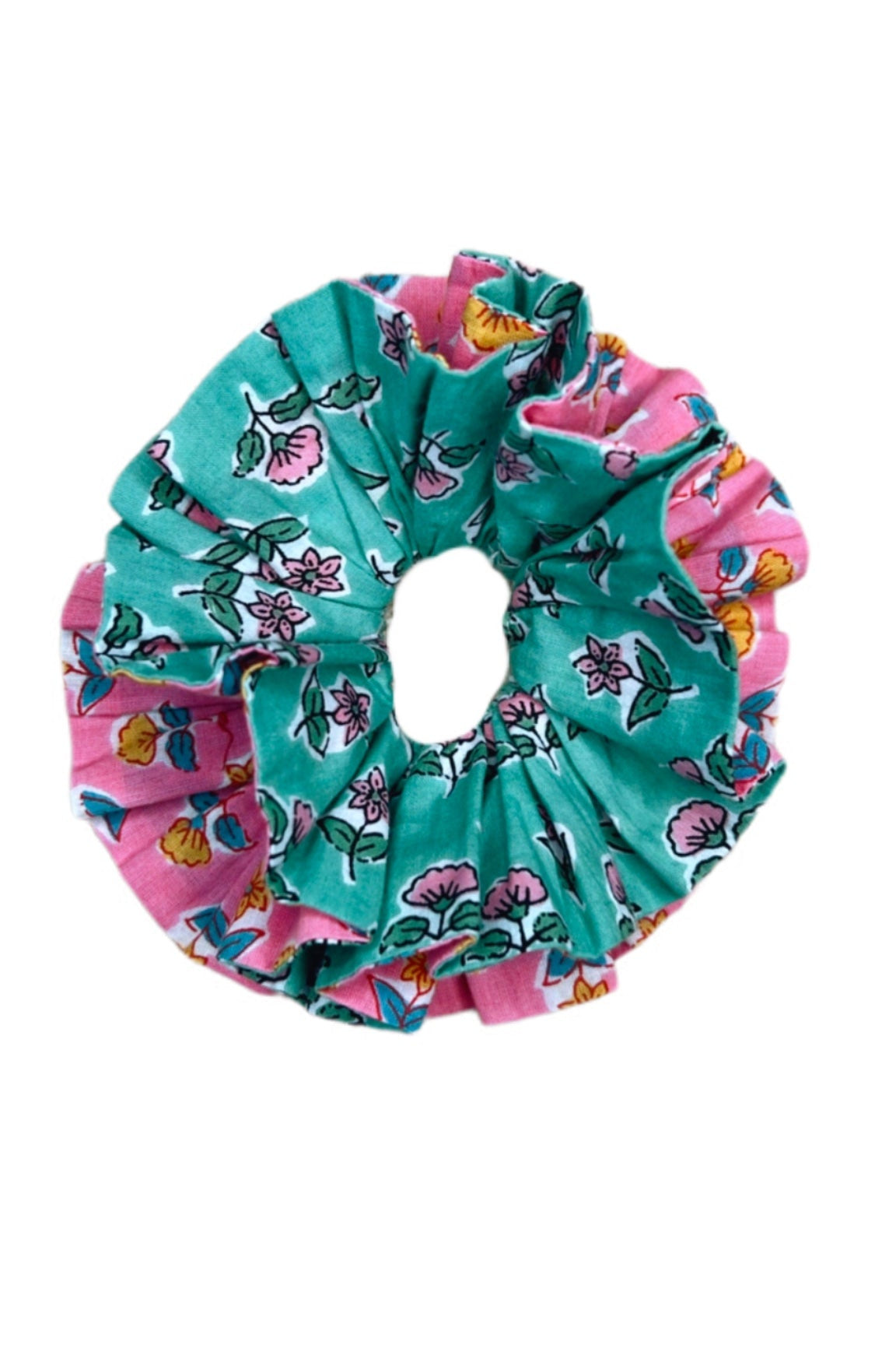 Molly Floral Cotton Scrunchie in Emerald Green & Peony Pink by 46 Stitch