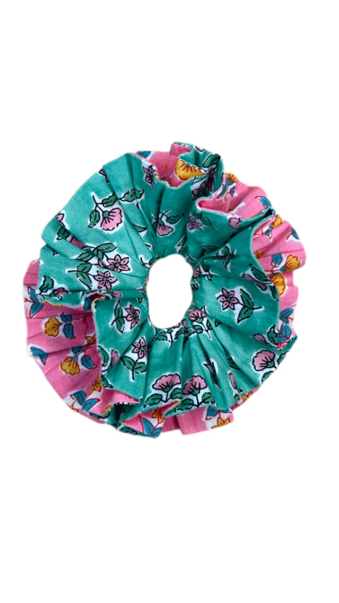 Molly Floral Cotton Scrunchie in Emerald Green & Peony Pink by 46 Stitch