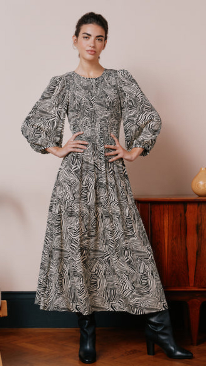 Abstract Mono Print Shirred Bodice Dress by Albaray