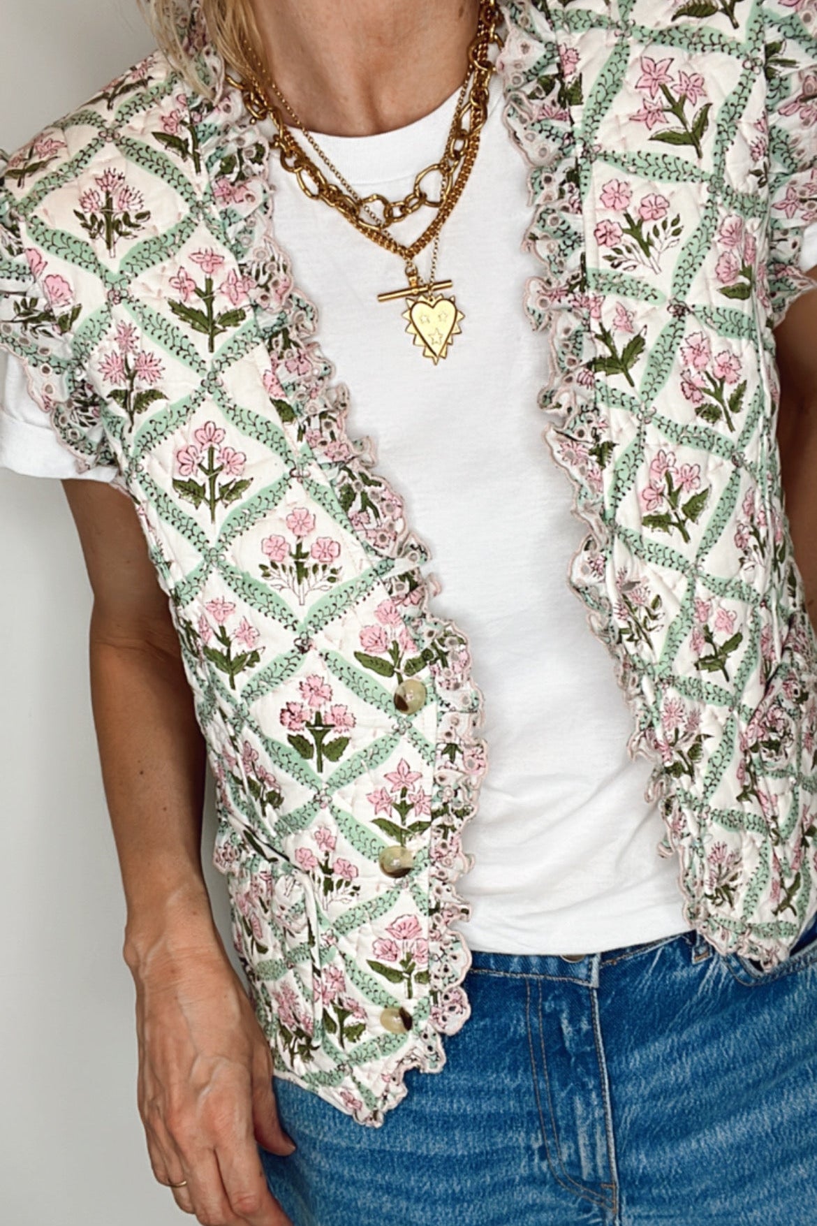 Dianne Cotton Woodblock Quilted Waistcoat by 46 Stitch