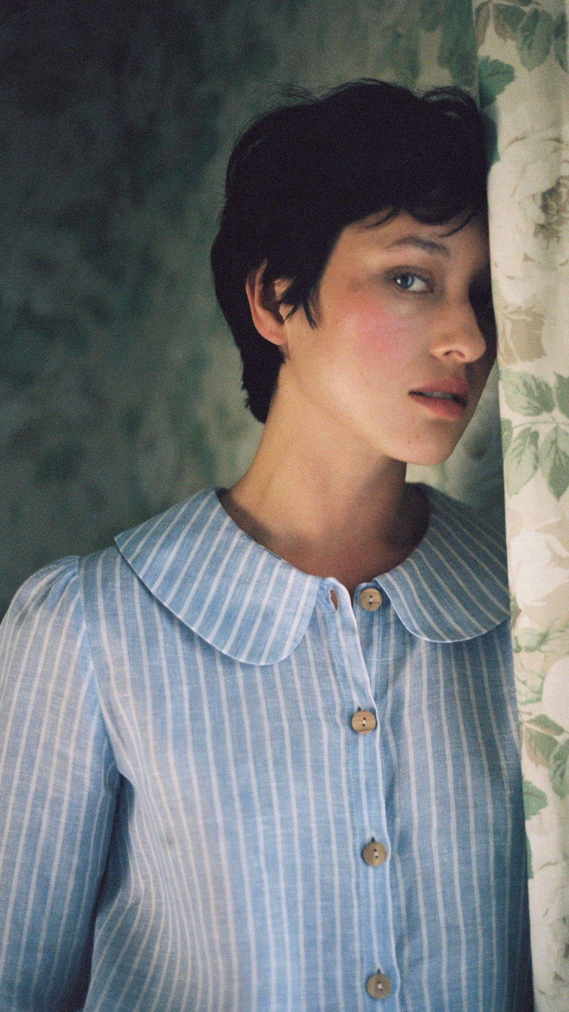 Claudine Linen Blouse in Baby Blue Stripe by Ma + Lin