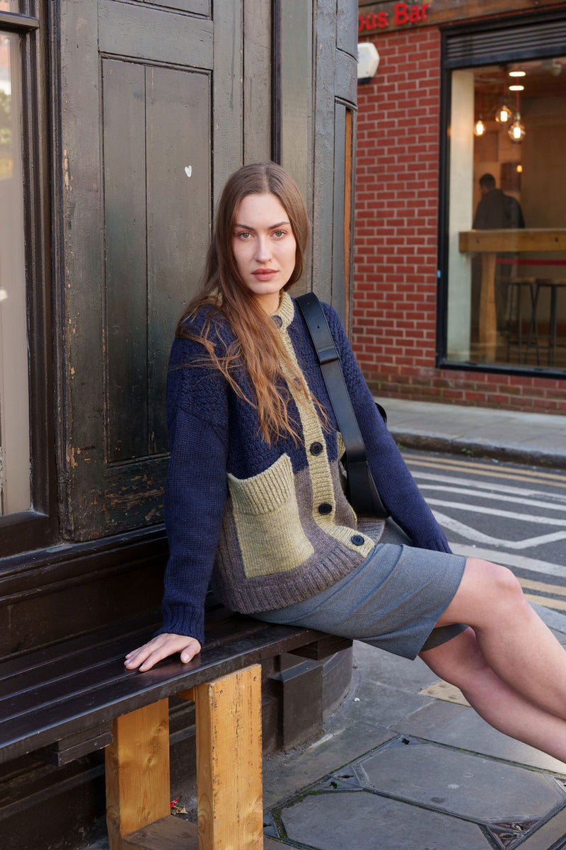 Betty Patchwork Cardigan in Navy Blue and Sage by Charl