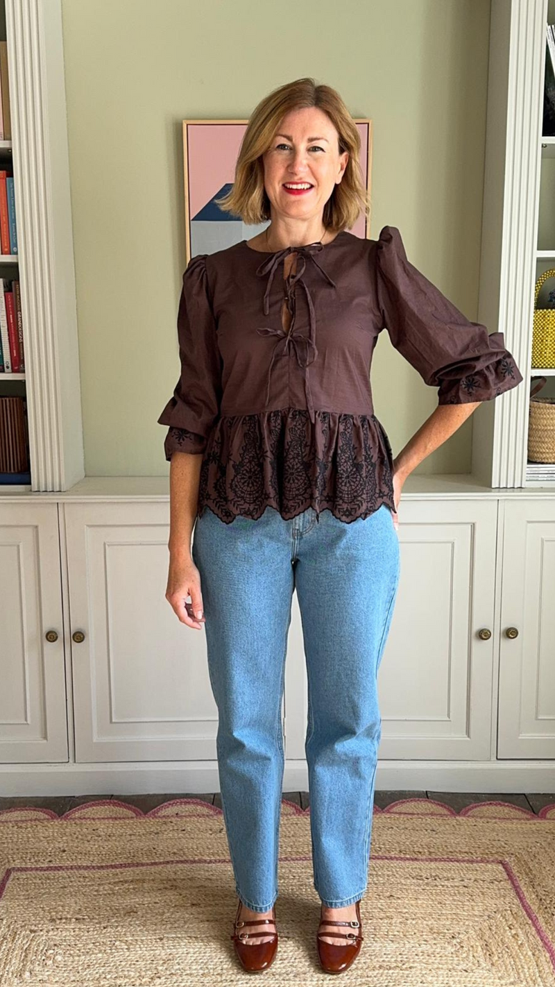 The Bethany Tie Front Blouse in Brown Embroidery