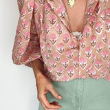 Penny Tie Neck Cotton Shirt in Pink Floral
