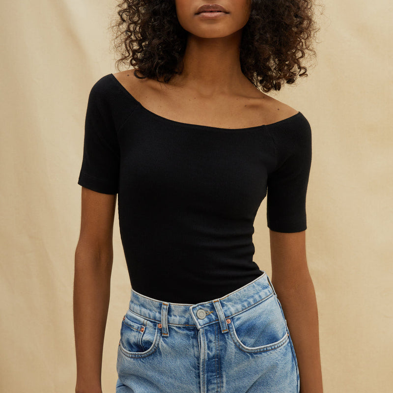 Black ribbed sales bardot top