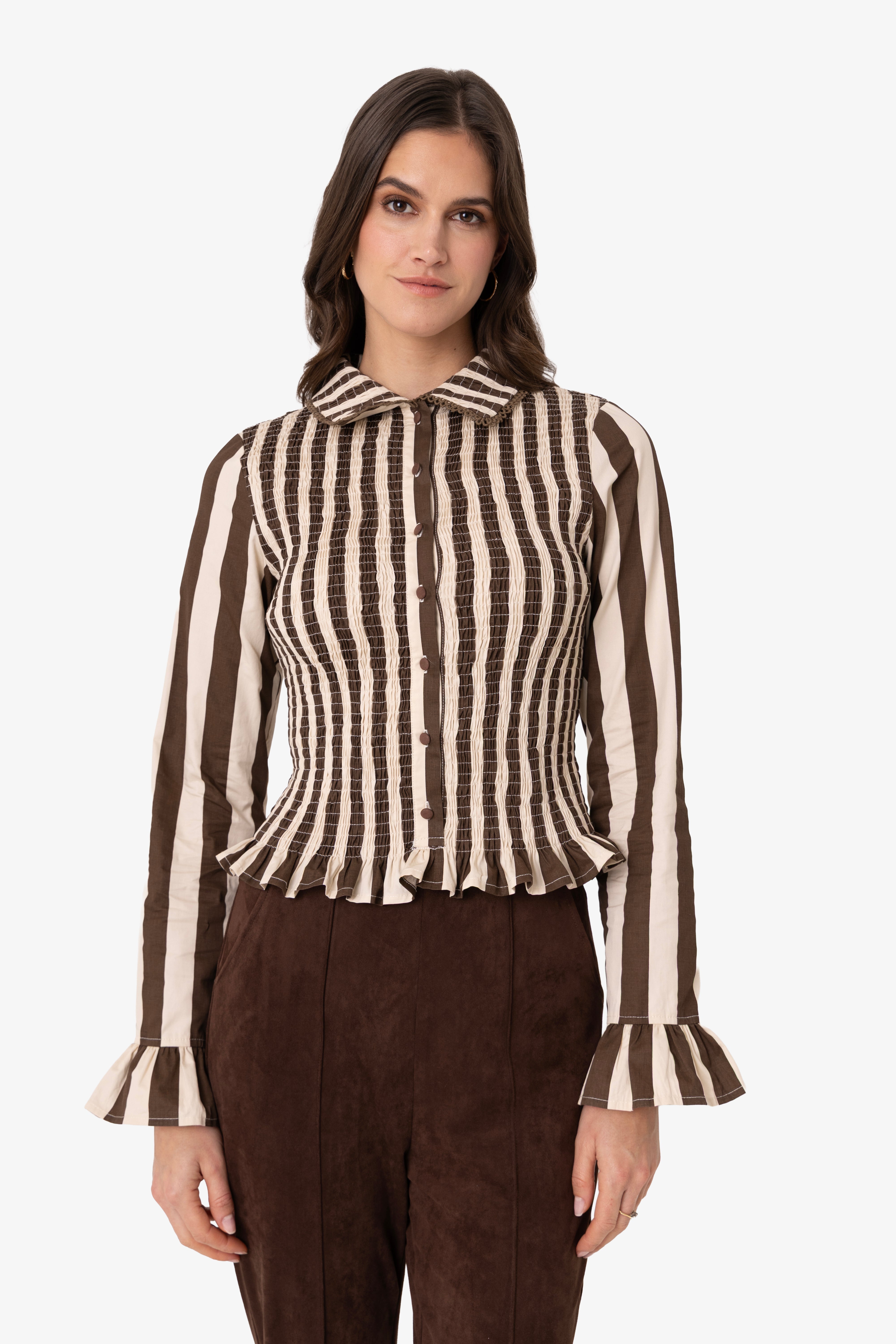 Yasmine Cotton Shirred Shirt in Brown Stripe | AMYLYNN – Percy Langley