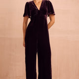 Anais Velvet V-Neck Jumpsuit in Aubergine