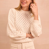 Pointelle Puff Shoulder Crew Neck Jumper in Ivory