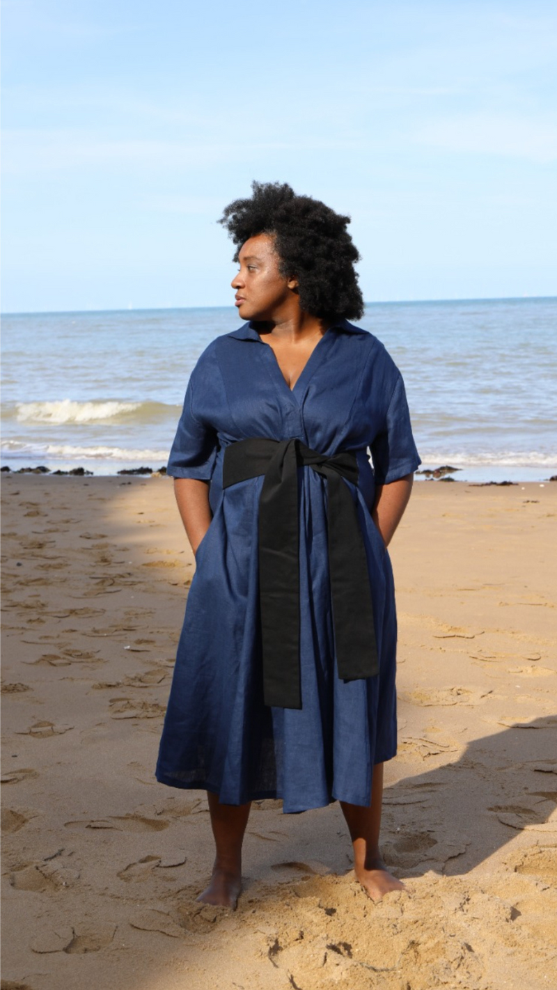 Aja's Linen Dress with Belt in Blue/Black by Lora Gene