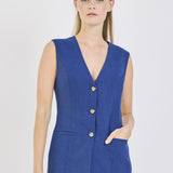 Longline Waistcoat in French Blue Linen