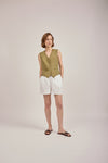 Tailored Waistcoat in Khaki Linen by Anna James