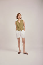 Tailored Waistcoat in Khaki Linen by Anna James