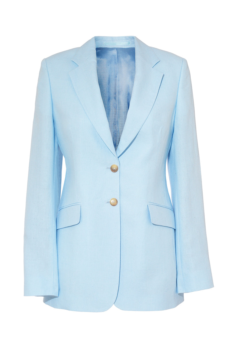 Single-Breasted Blazer in Sky Blue Linen by Anna James