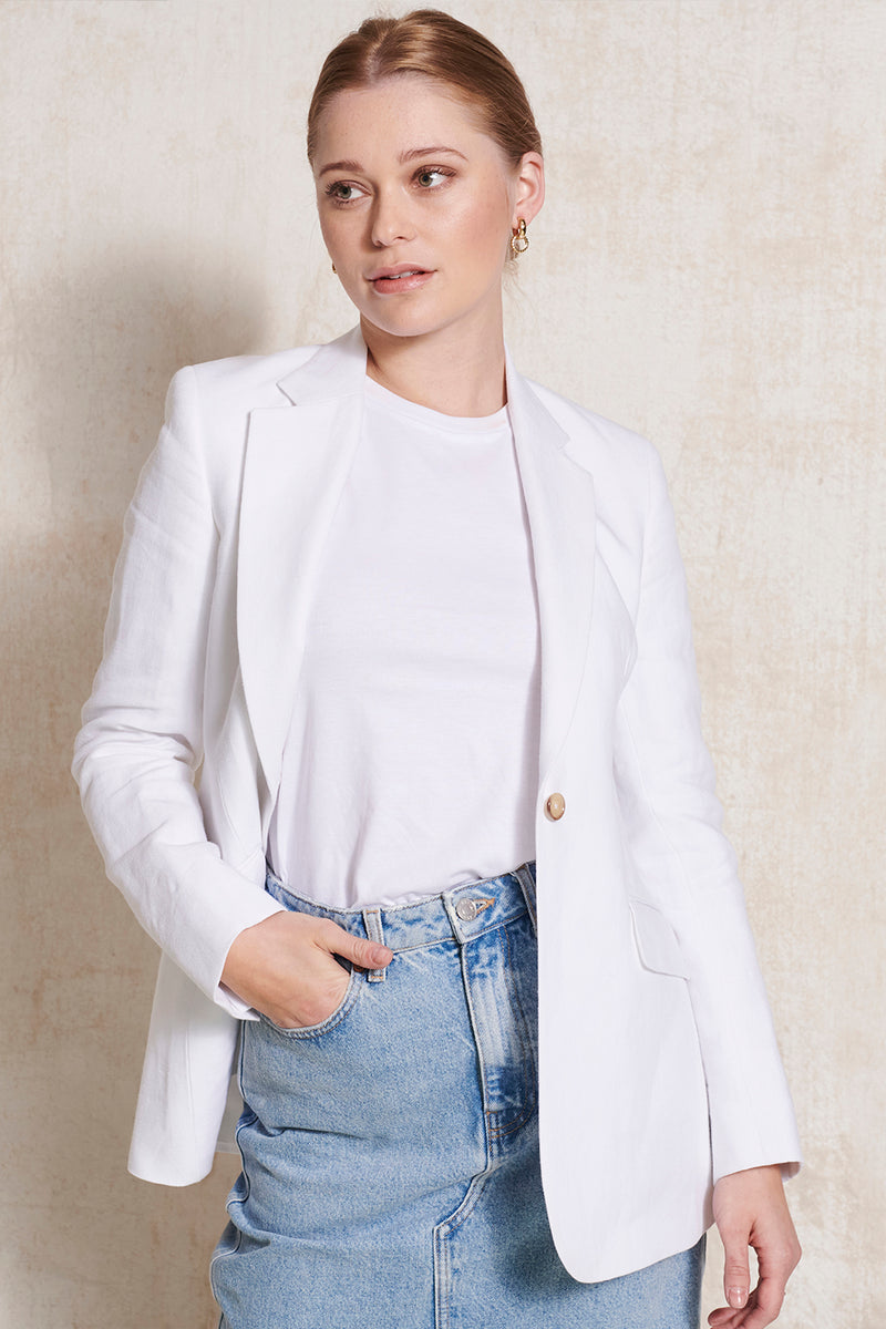 Single-Breasted Blazer in Powder White Linen by Anna James