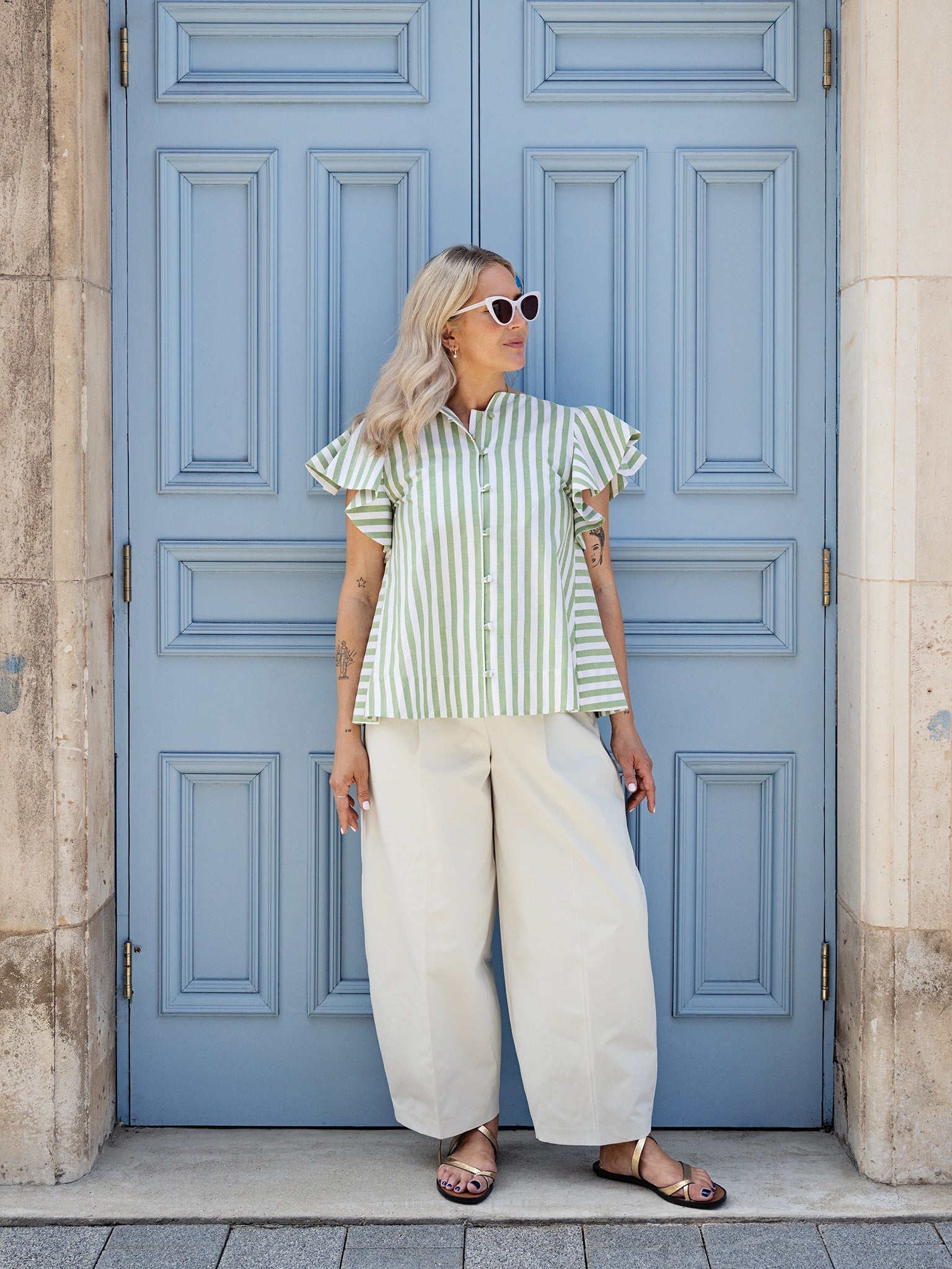 Love, Anna & Attique Striped Shirt in Pistachio by Attique