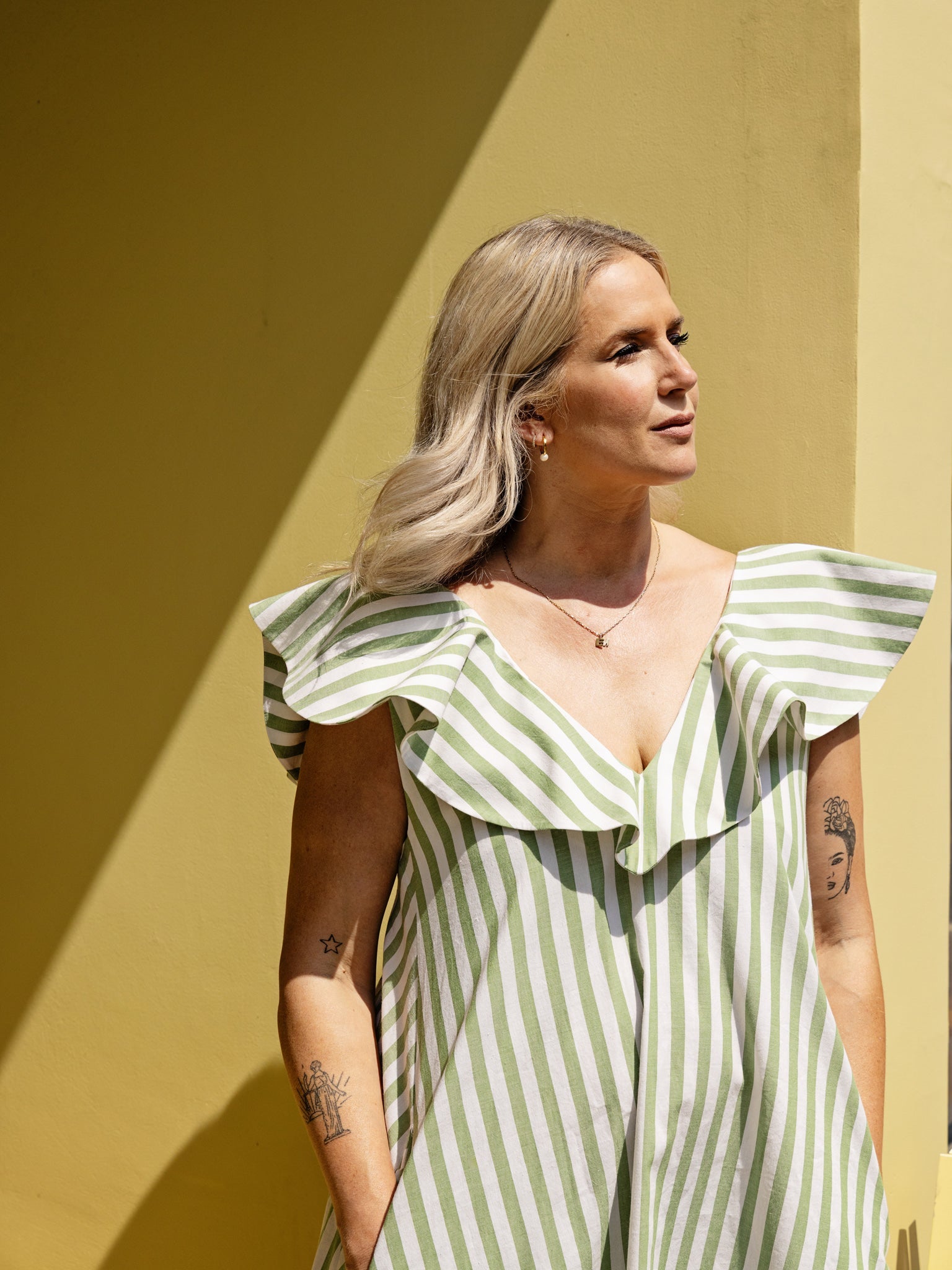 Love, Anna & Attique Stripe Maxi Dress in Pistachio by Attique