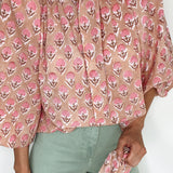 Penny Tie Neck Cotton Shirt in Pink Floral
