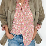 Penny Tie Neck Cotton Shirt in Pink Floral