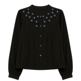 Beth Embroidered Blouse in Black Twill