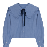 Blue Tie Neck Shirt with Big Frill Collar