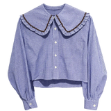Blue Gingham Shirt with Big Collar & Velvet Trims