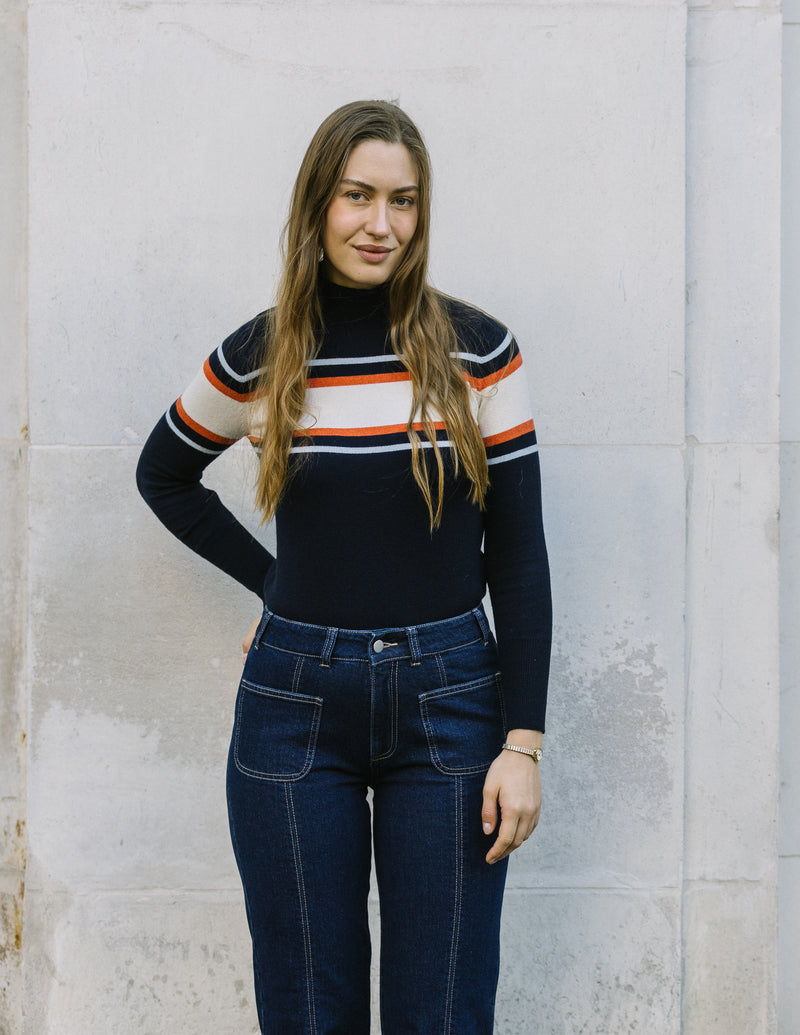 Cashmere Mix High Neck Jumper in Navy/Cream/Orange Stripe by Mirla Beane