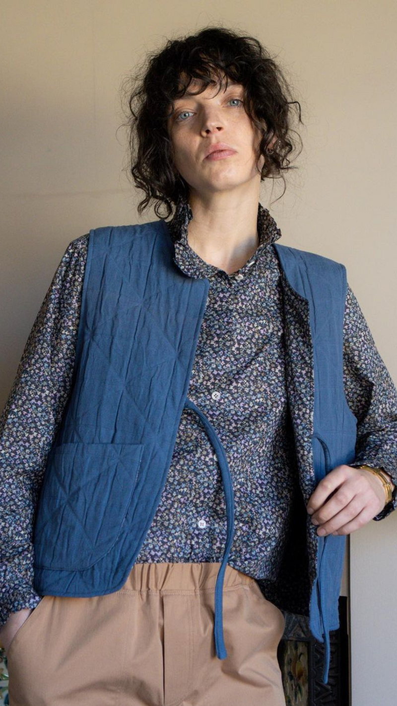 Amy Blue Jacquard Quilt Gilet with Liberty Lining by Elwin