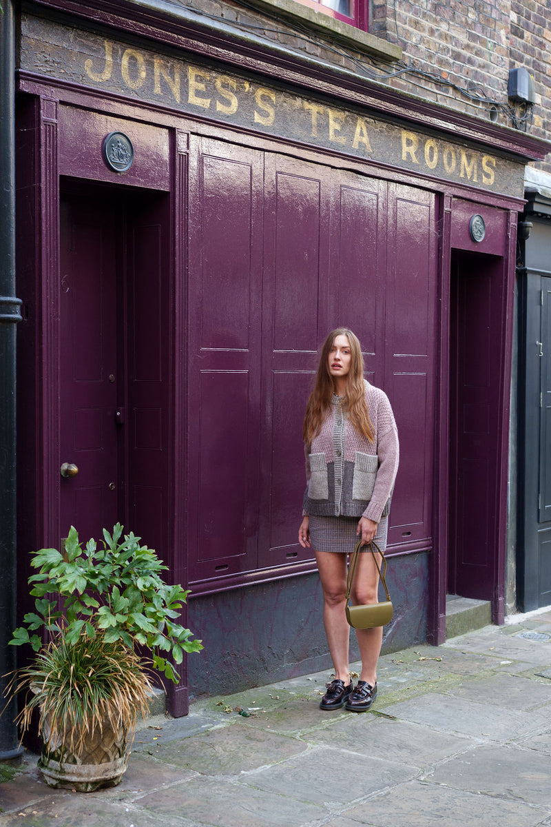 Betty Patchwork Cardigan in Heather Pink and Oatmeal by Charl