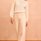 Pointelle Puff Shoulder Crew Neck Jumper in Ivory