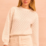 Pointelle Puff Shoulder Crew Neck Jumper in Ivory