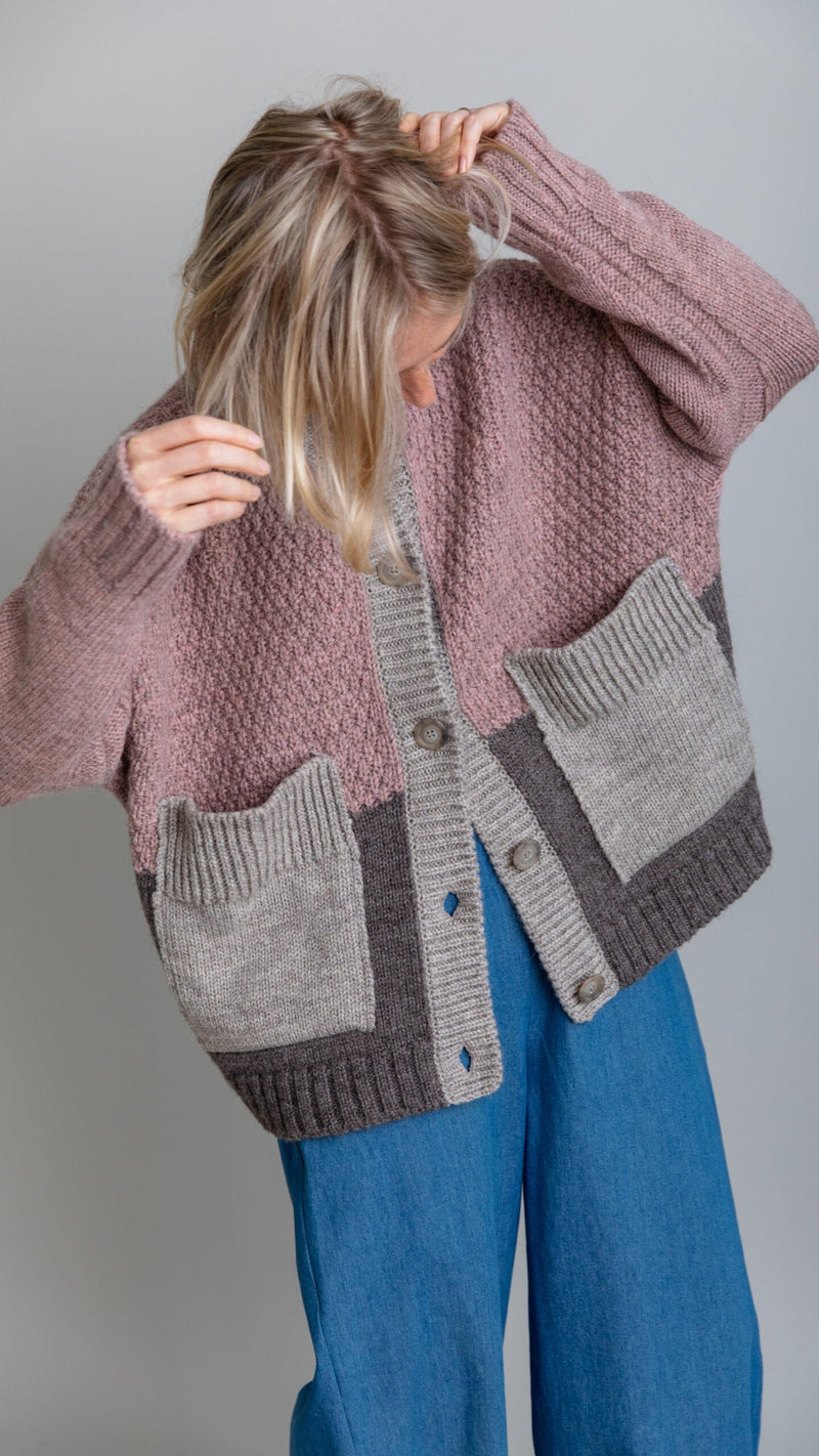 Betty Patchwork Cardigan in Heather Pink and Oatmeal by Charl