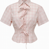 Pink Gingham Darted Short Sleeve Shirt